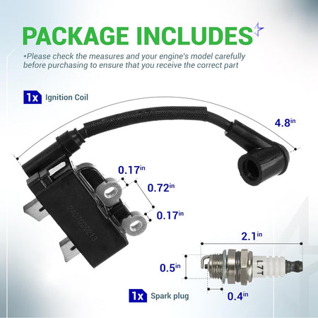 291337001 ignition coil and spark plug kit with dimensional measurements for Ryobi 25cc 2-cycle engines.