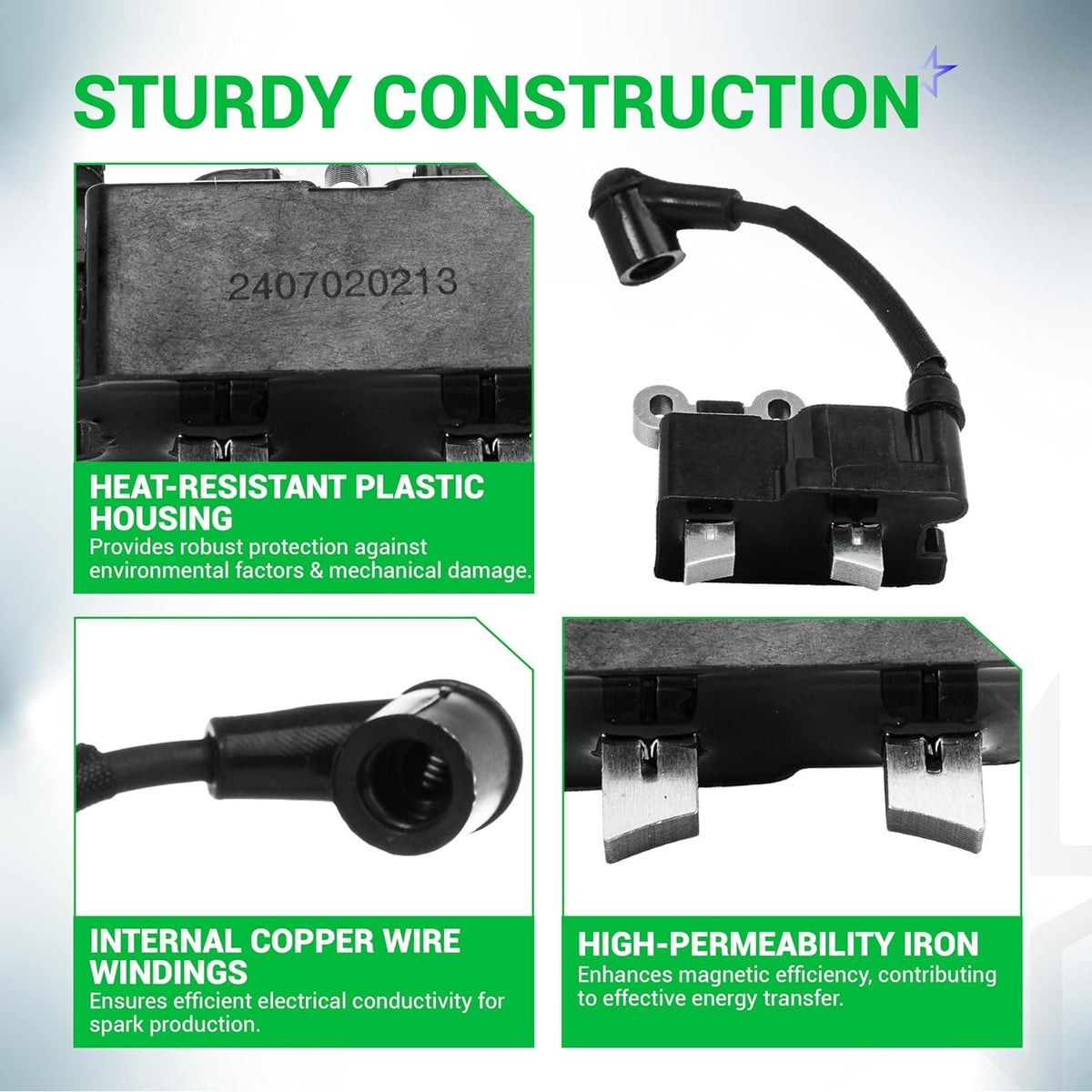 Ignition coil assembly for Ryobi 25cc trimmers showing close-up details of housing, spark plug wire, and iron core.