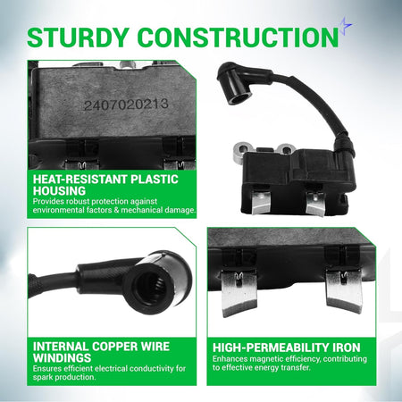 Ignition coil assembly for Ryobi 25cc trimmers showing close-up details of housing, spark plug wire, and iron core.