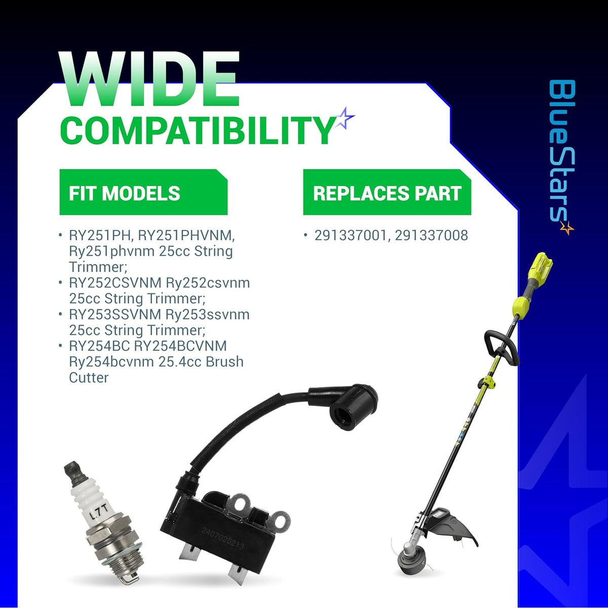 291337001 ignition coil and spark plug compatibility chart for Ryobi 25cc string trimmers and brush cutters.