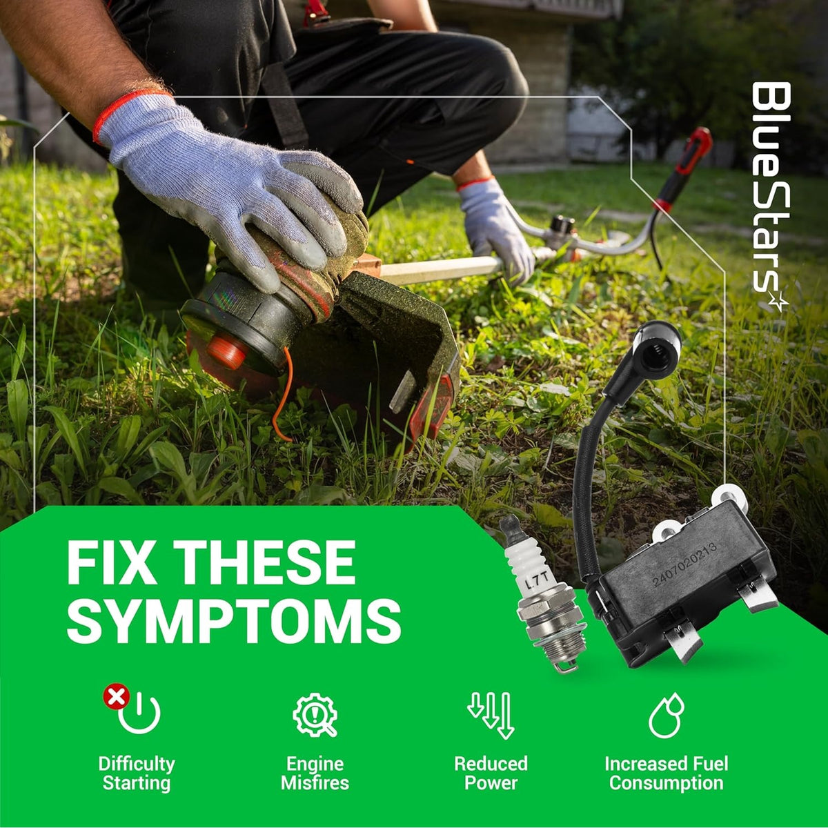 291337001 ignition coil and spark plug for Ryobi 2-cycle trimmers with symptom troubleshooting graphic.