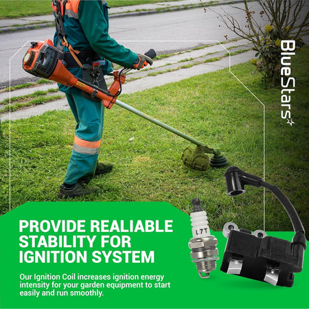 291337001 ignition coil and spark plug for Ryobi 2-cycle trimmers shown with a person using a string trimmer.