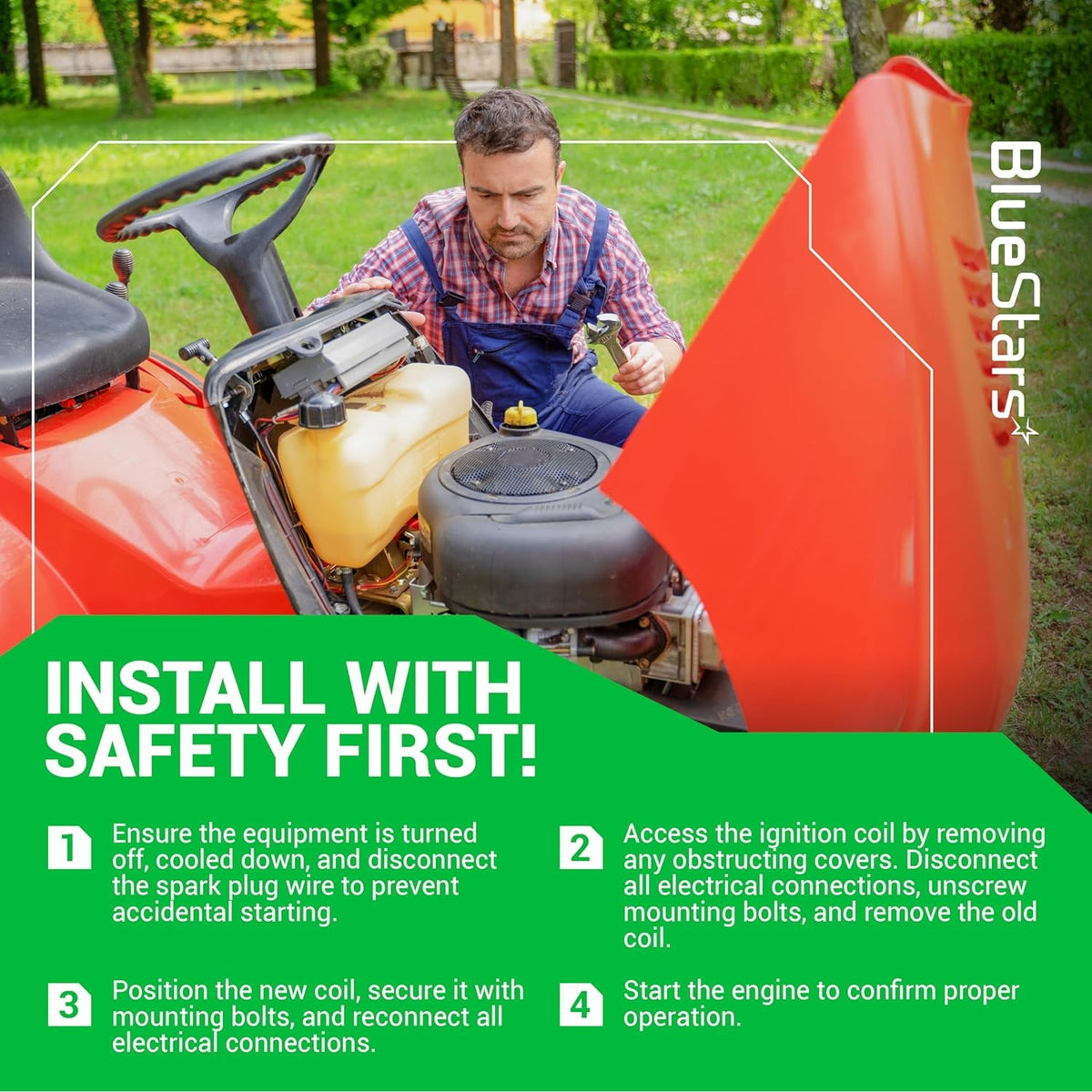 Safety instruction graphic for installing a 291337001 ignition coil on Ryobi outdoor power equipment.