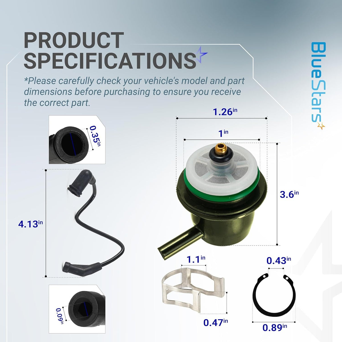 Fuel injection pressure regulator and vacuum line kit with detailed dimensional specifications and component measurements.