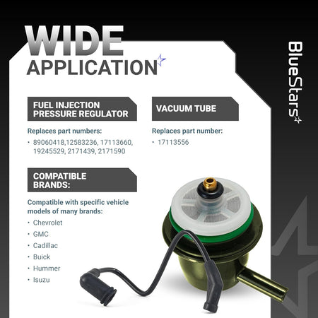 Fuel injection pressure regulator with vacuum line for Chevrolet, GMC, Cadillac, Buick, Hummer, and Isuzu vehicles.