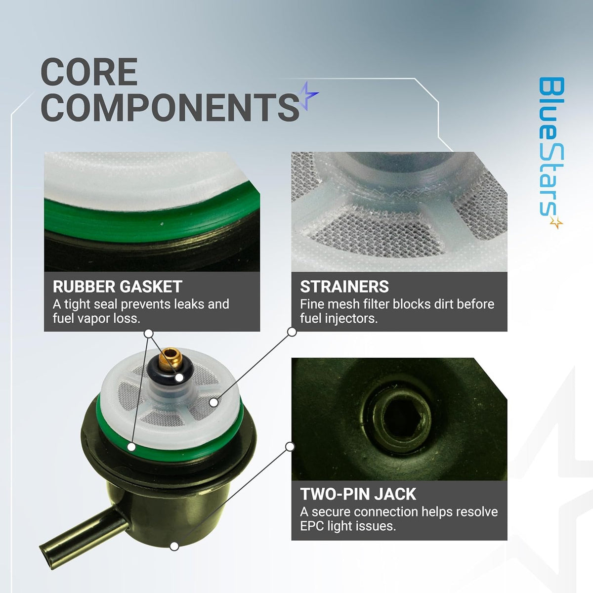 Infographic showing fuel injection pressure regulator components including rubber gasket, mesh strainers, and two-pin jack.