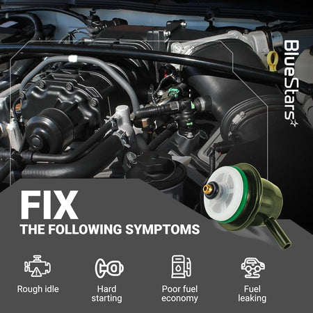 Fuel injection pressure regulator showing symptoms of rough idle, hard starting, poor fuel economy, and fuel leaking.