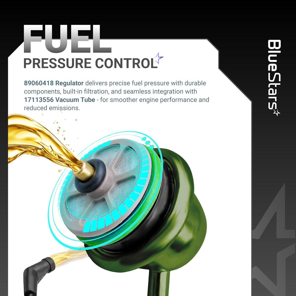 Close-up diagram of 89060418 fuel injection pressure regulator showing internal filtration and vacuum line connection.