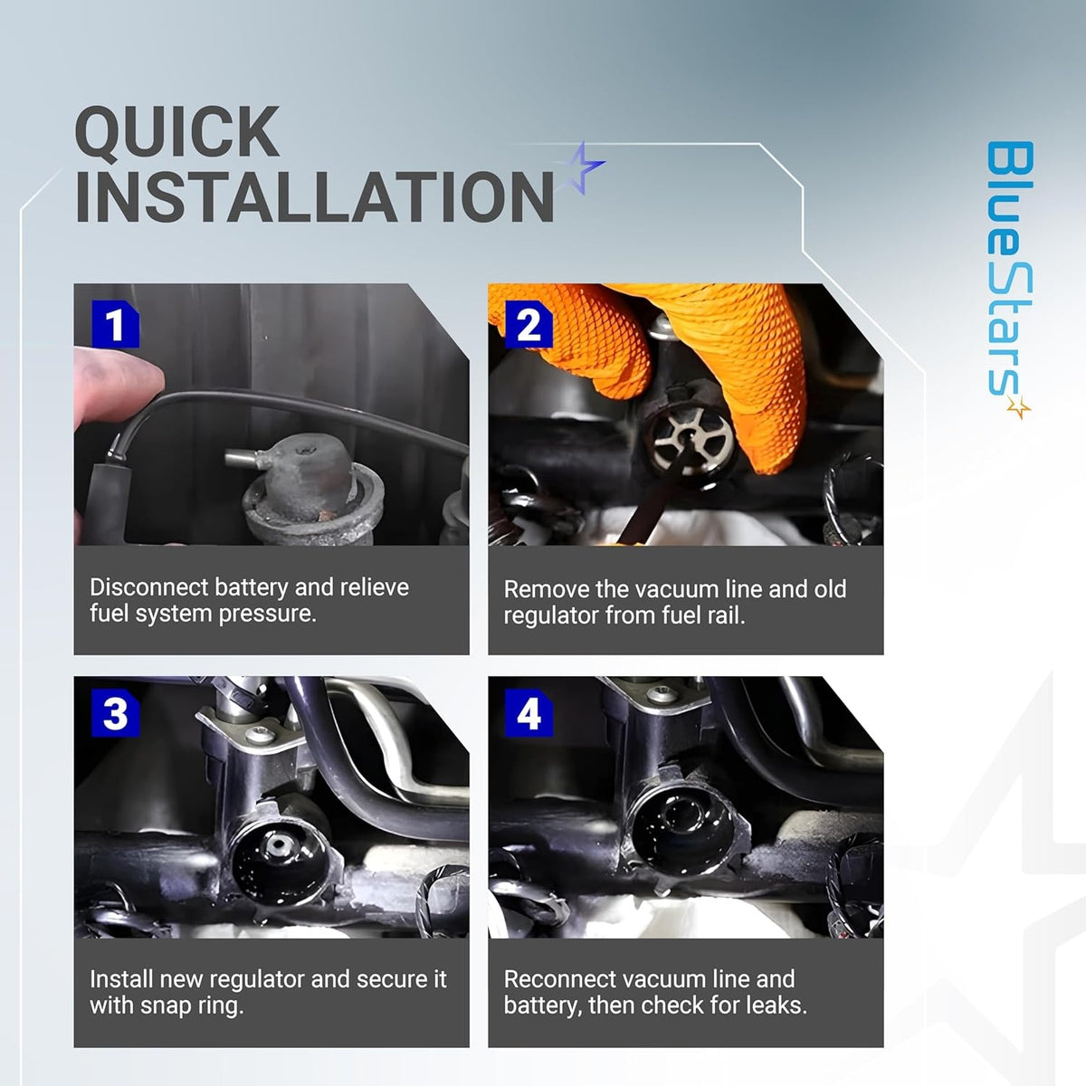 Four-step installation guide for fuel injection pressure regulator and vacuum line replacement.