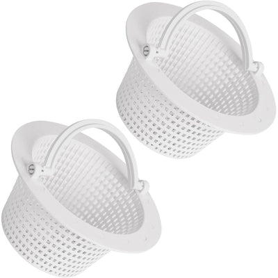 Two white 513330 above ground pool skimmer replacement baskets with handles.
