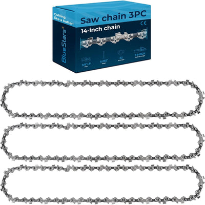 Three 14-inch chainsaw chains with 3/8-inch LP pitch and 0.050-inch gauge, shown with their BlueStars retail packaging.
