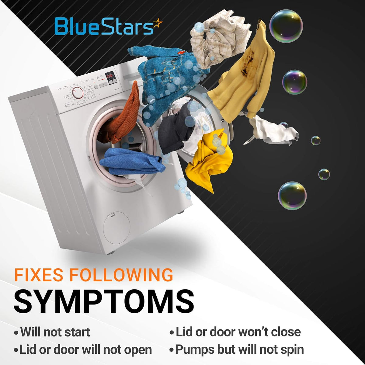 Infographic showing Electrolux and Frigidaire washer symptoms fixed by the 137006200 pedestal drawer door latch.