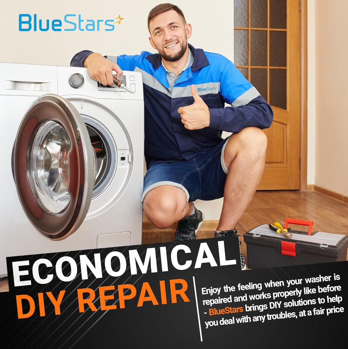 BlueStars technician repairing an Electrolux Frigidaire washer for pedestal drawer door latch replacement.