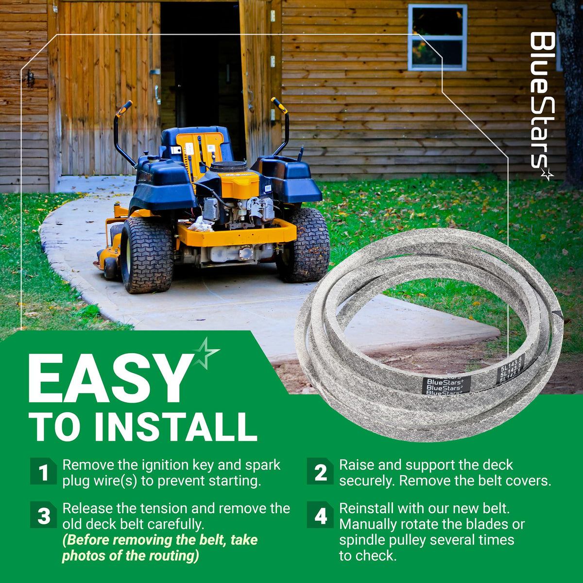954-05078 replacement deck belt for zero-turn mowers with easy installation instructions graphic.