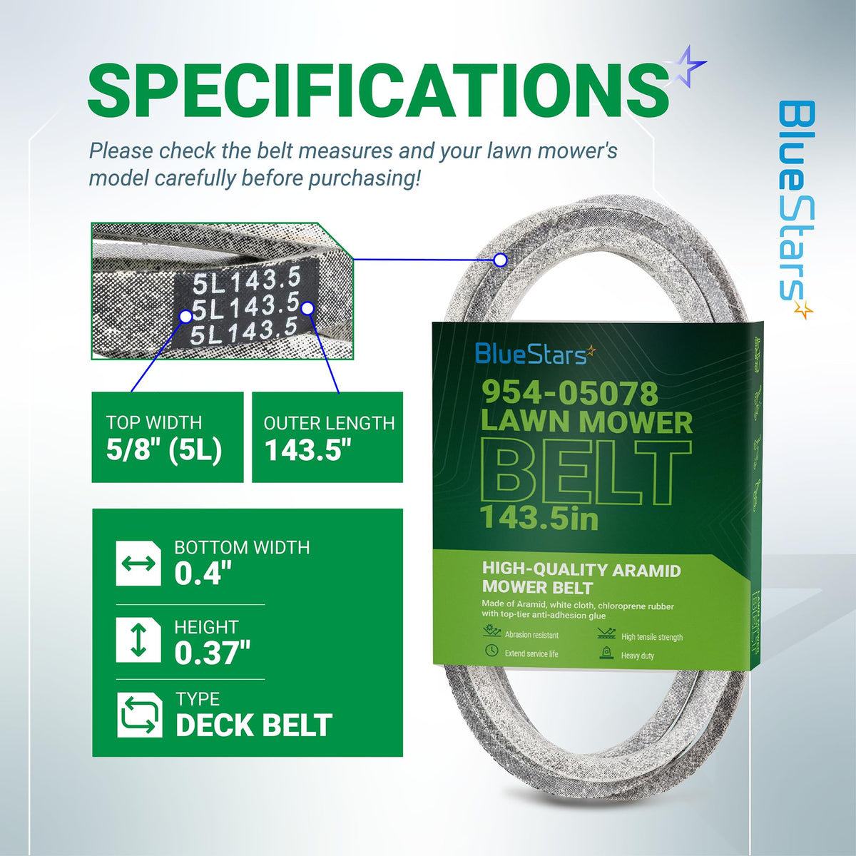 Specification chart for 954-05078 deck belt showing dimensions, material, and compatibility for zero-turn mowers.