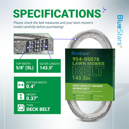 Specification chart for 954-05078 deck belt showing dimensions, material, and compatibility for zero-turn mowers.
