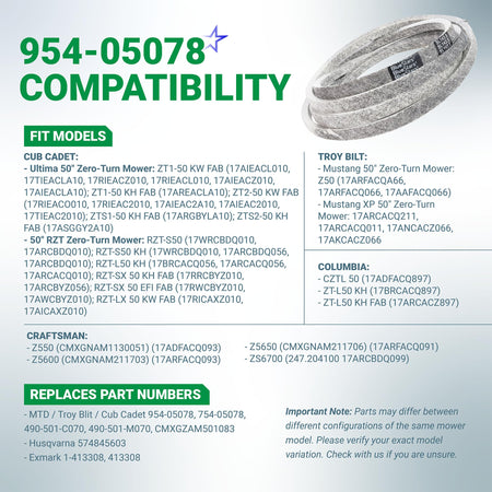 Compatibility chart for 954-05078 deck belt showing fit models for Cub Cadet, Troy Bilt, and Craftsman mowers.