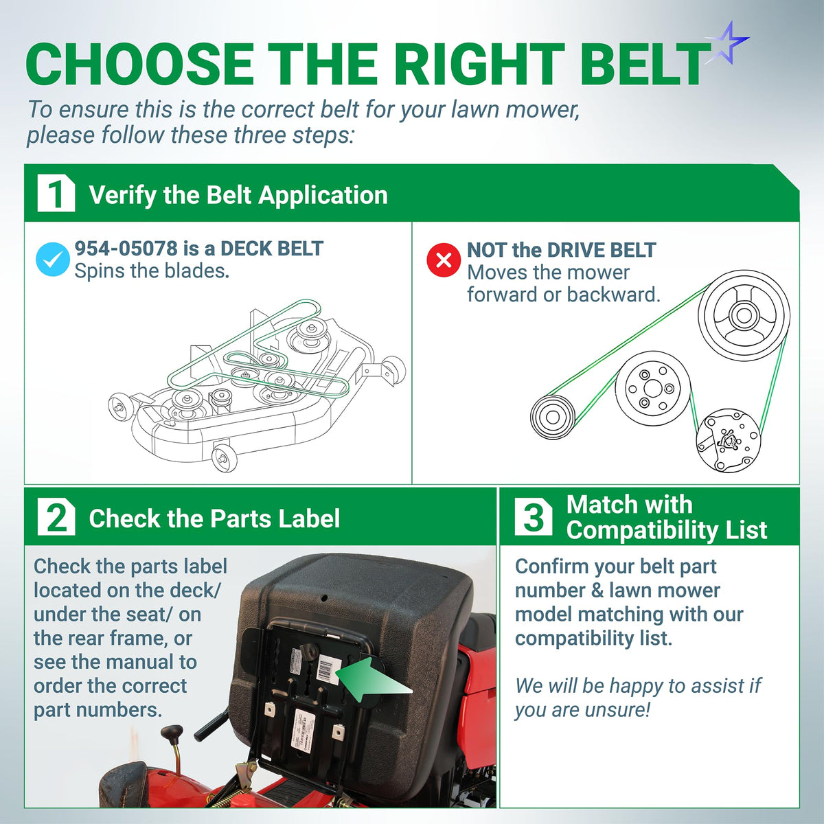 Infographic guide for identifying the correct 954-05078 deck belt for zero-turn lawn mowers.