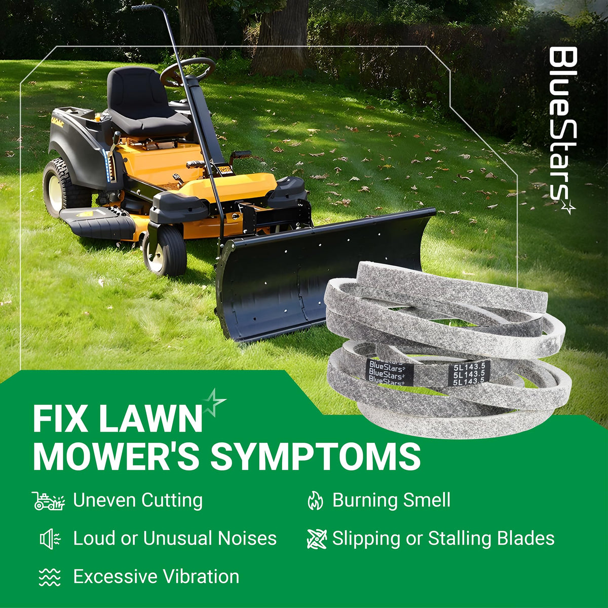 954-05078 replacement deck belt for zero-turn mowers shown with lawn mower troubleshooting guide.