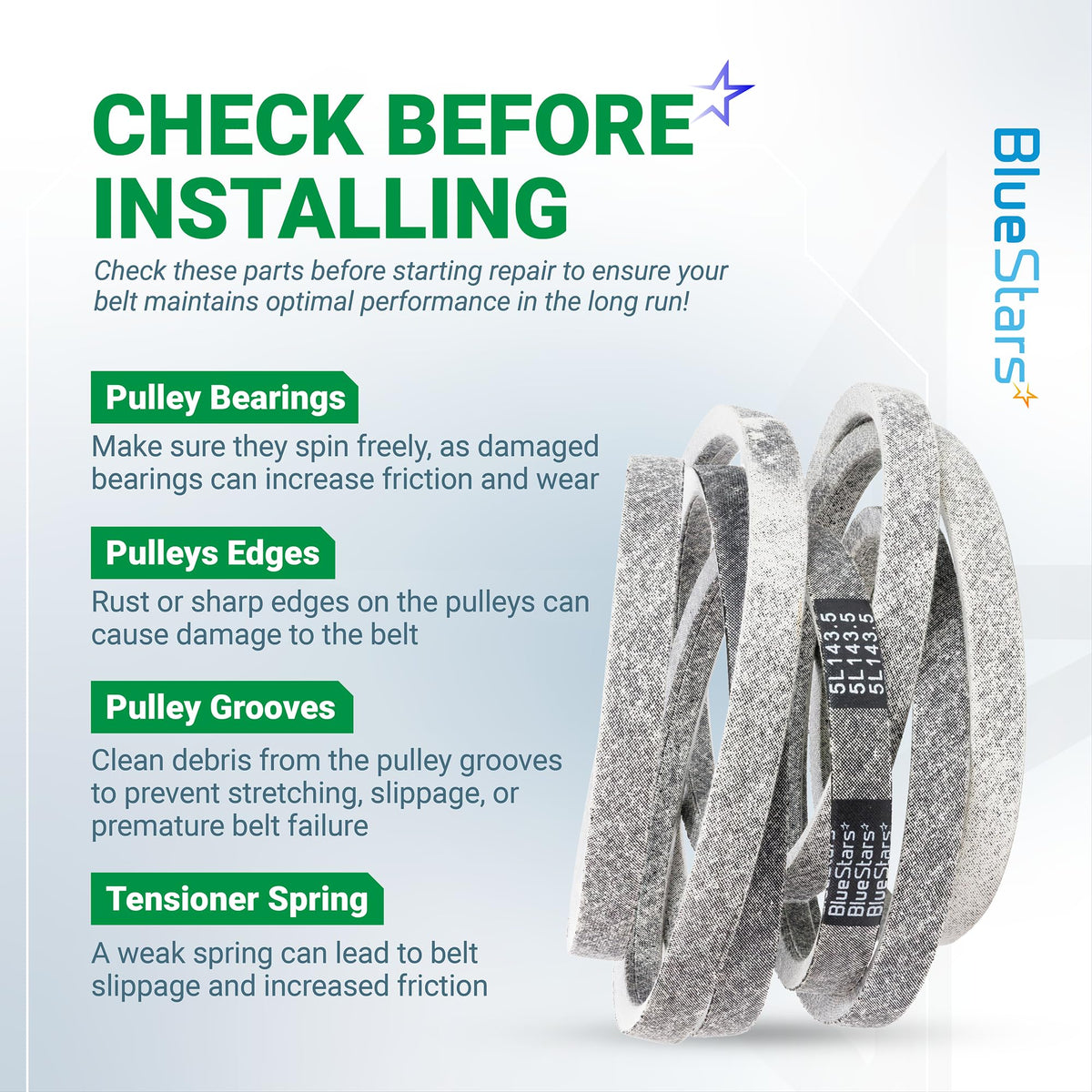 Informational graphic for 954-05078 deck belt installation tips and pulley maintenance checklist.