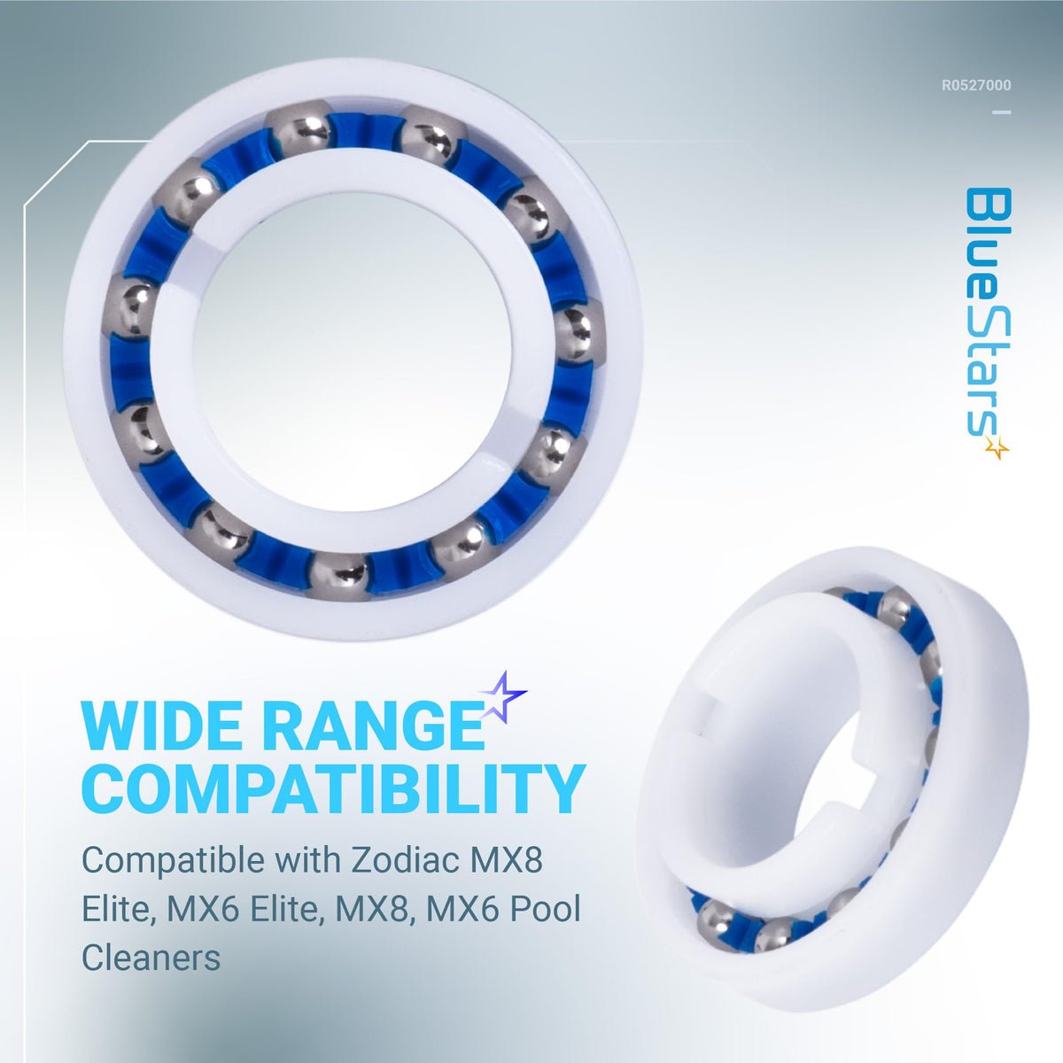 Close-up of two R0527000 replacement wheel bearings for Zodiac MX8 and MX6 pool cleaners.