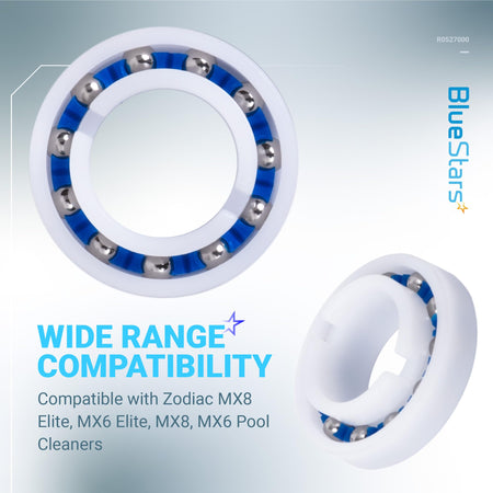 Close-up of two R0527000 replacement wheel bearings for Zodiac MX8 and MX6 pool cleaners.