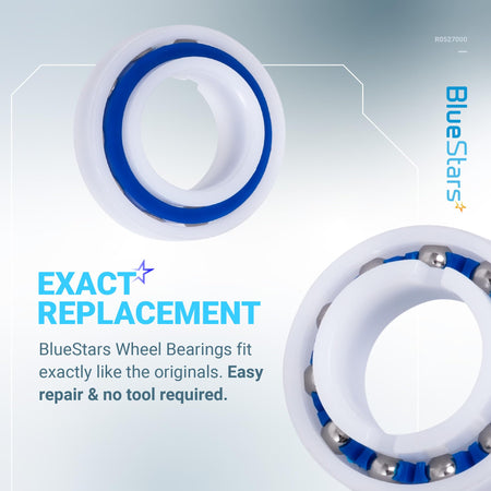 Close-up of two R0527000 replacement wheel bearings for Zodiac MX8 and MX6 pool cleaners.