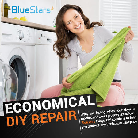 3977394 Dryer Thermal Fuse, BlueStars DIY repair promotional graphic with woman holding a towel beside a dryer