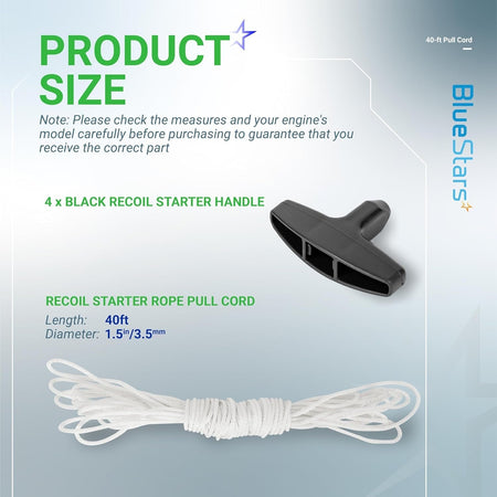 Infographic showing 3.5mm recoil starter rope and black pull handle dimensions for chainsaws and lawn mowers.