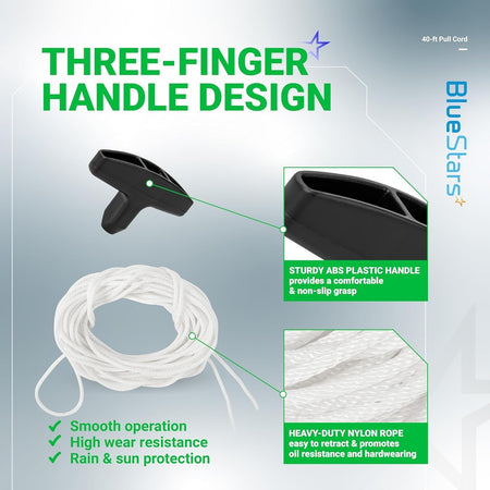 Infographic showing 3.5mm recoil starter rope and three-finger ABS plastic pull handle for chainsaws and trimmers.