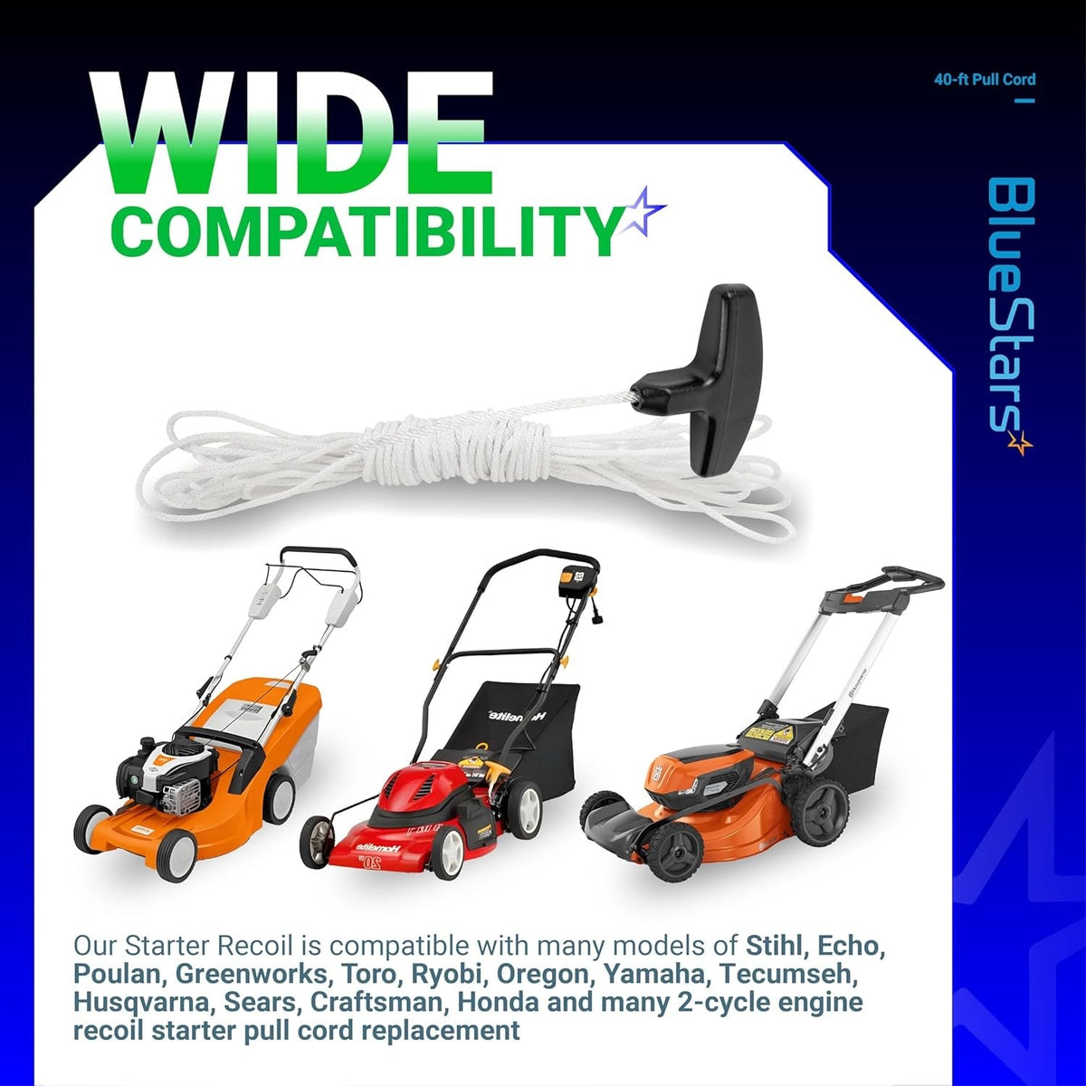 Recoil starter rope and handle kit for chainsaws and lawn mowers with wide compatibility graphic.
