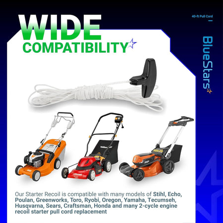 Recoil starter rope and handle kit for chainsaws and lawn mowers with wide compatibility graphic.