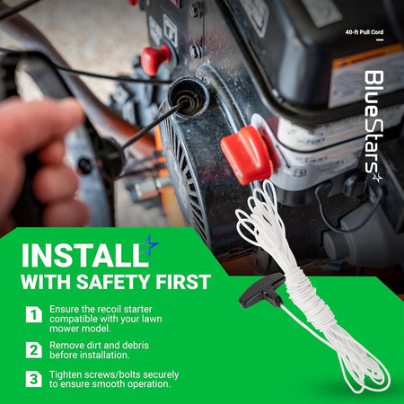Installation guide for 3.5mm recoil starter rope and handle on a lawn mower engine.