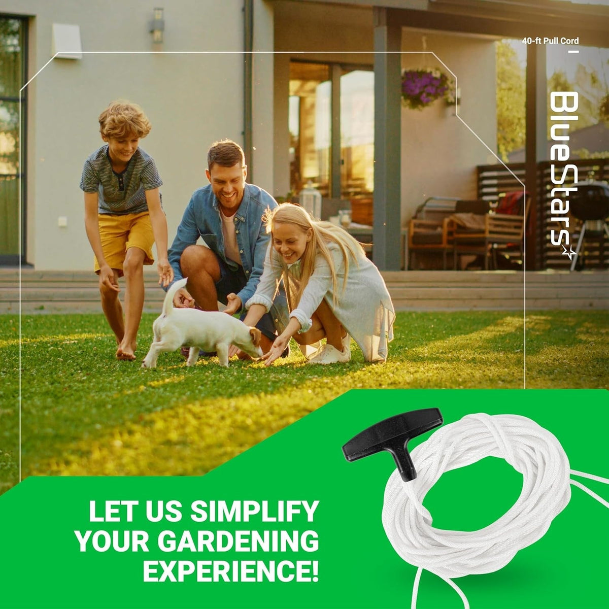 BlueStars 40ft recoil starter rope and handle for chainsaws and lawn mowers in a lifestyle marketing graphic.