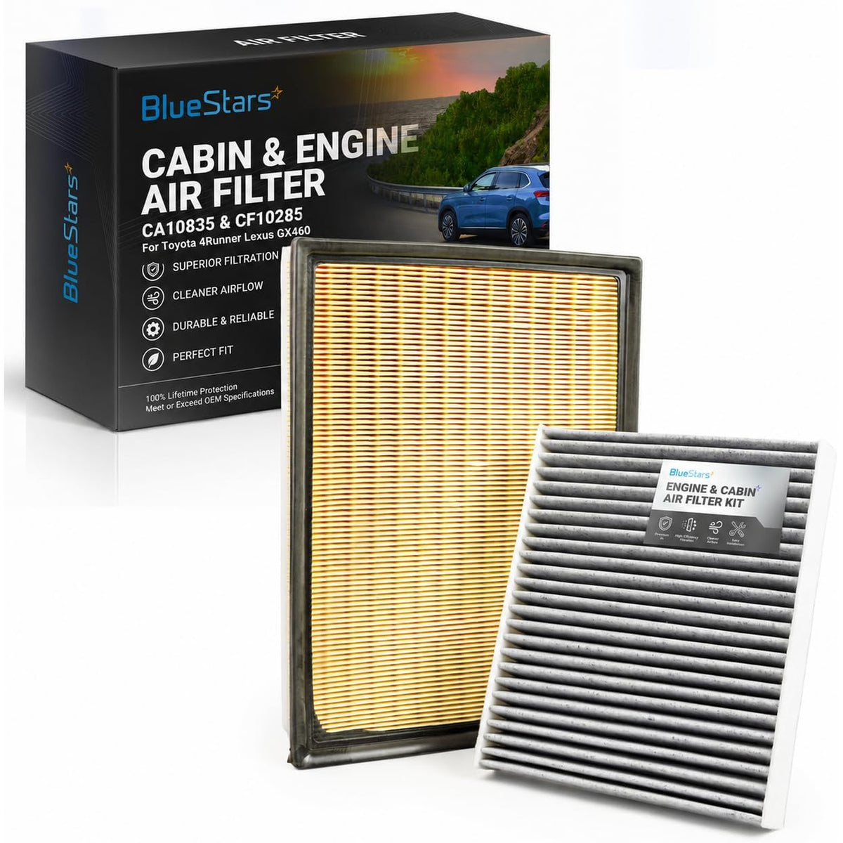 CA10835 & CF10285 Engine & Cabin Air Filter Combo with packaging and two filters shown