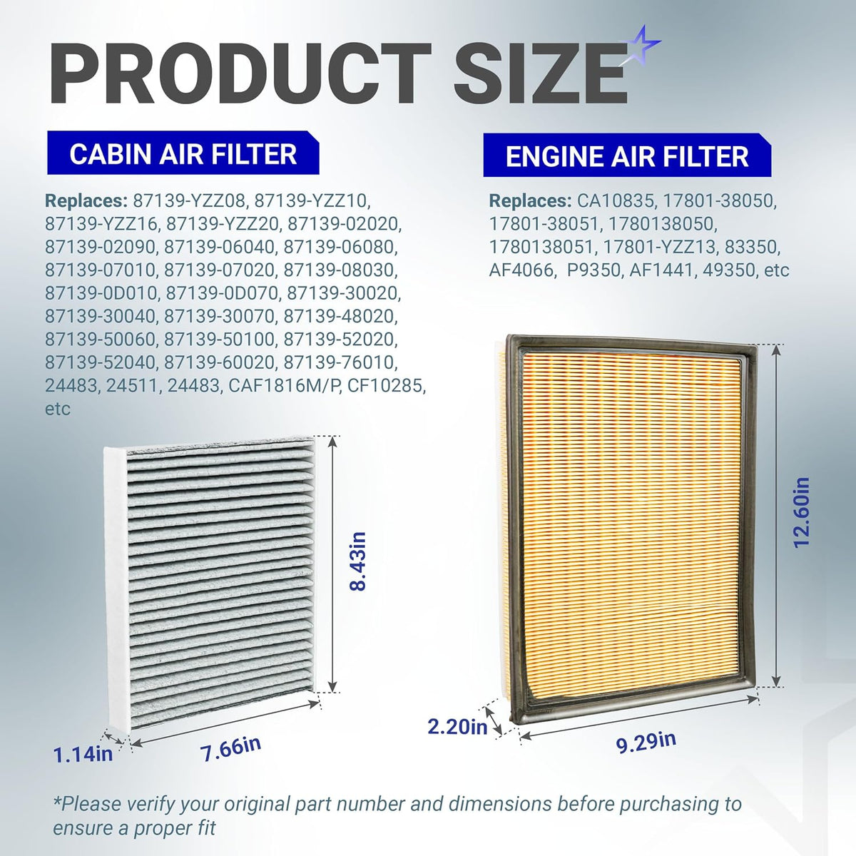 Engine & Cabin Air Filter Combo for Toyota 4Runner Lexus GX460, product size diagram with filter dimensions
