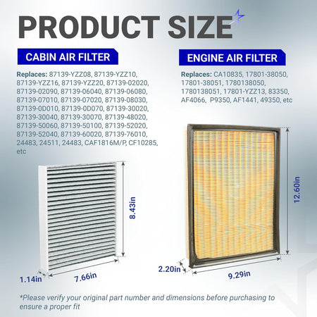 Engine & Cabin Air Filter Combo for Toyota 4Runner Lexus GX460, product size diagram with filter dimensions