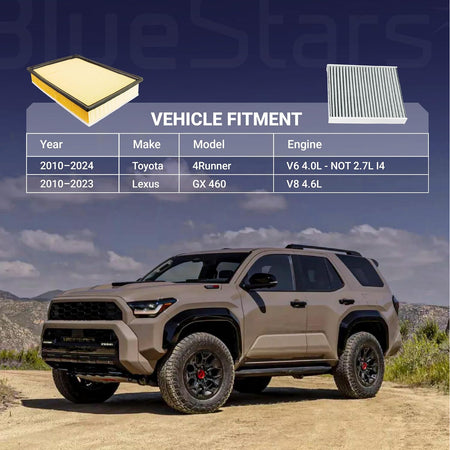 Engine & Cabin Air Filter Combo for Toyota 4Runner Lexus GX460 vehicle fitment chart with filters and SUV