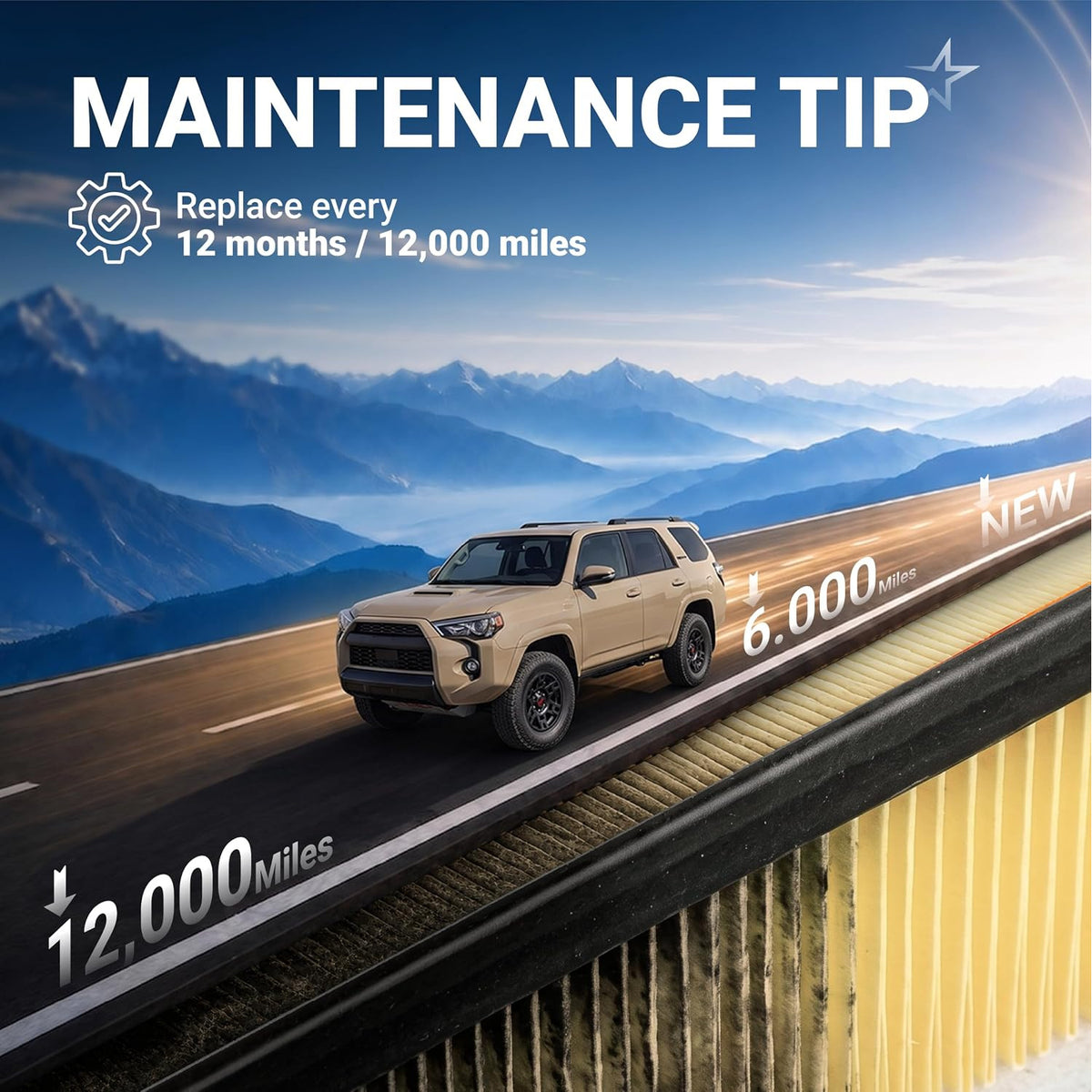 Engine & Cabin Air Filter Combo for Toyota 4Runner Lexus GX460, maintenance tip graphic with SUV and 12,000-mile interval