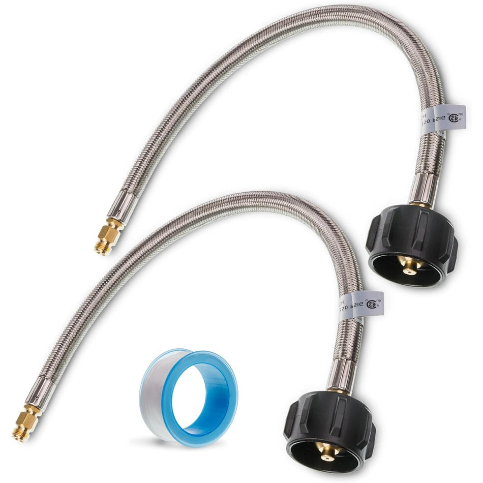 [1/4” Male Inverted Flare] 15 inch Stainless Braided RV Propane Pigtail Hose - Connects QCC1 - Propane Tank Connector for BBQ RV Camper Two-Stage Regulator - 2 Pack, Includes Seal Tape