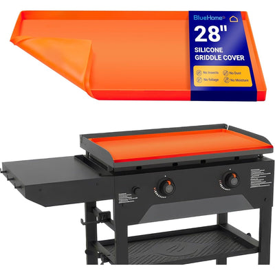 Orange 28-inch silicone griddle mat protecting a Blackstone outdoor griddle surface.