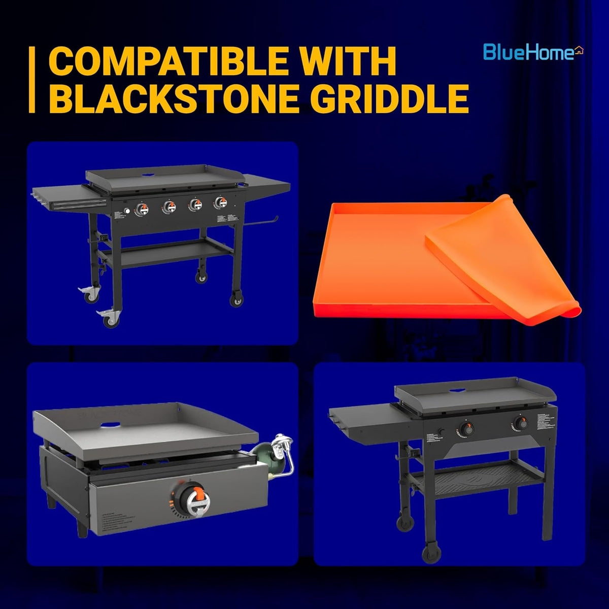 Orange silicone protective mat for 28-inch Blackstone griddles shown with compatible grill models.