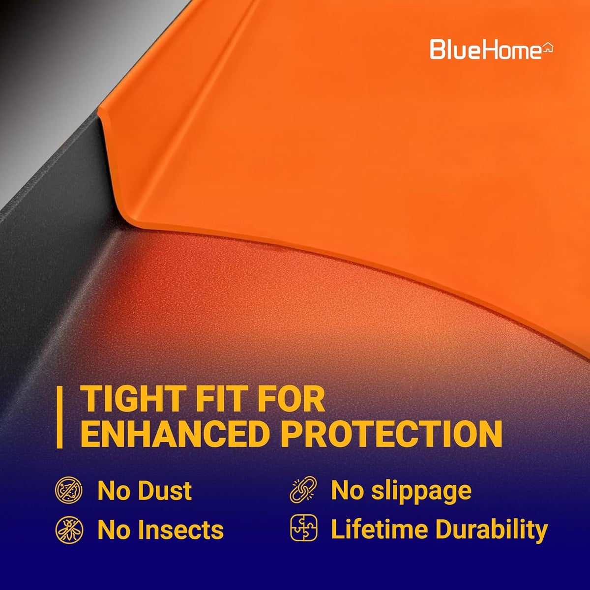 Close-up of orange silicone griddle mat for Blackstone showing tight fit and protective features.