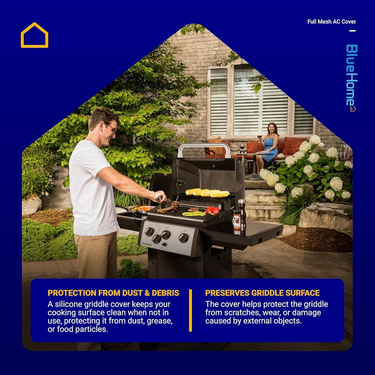 Man cooking on a Blackstone griddle outdoors to demonstrate the protective benefits of a 28-inch silicone griddle mat.