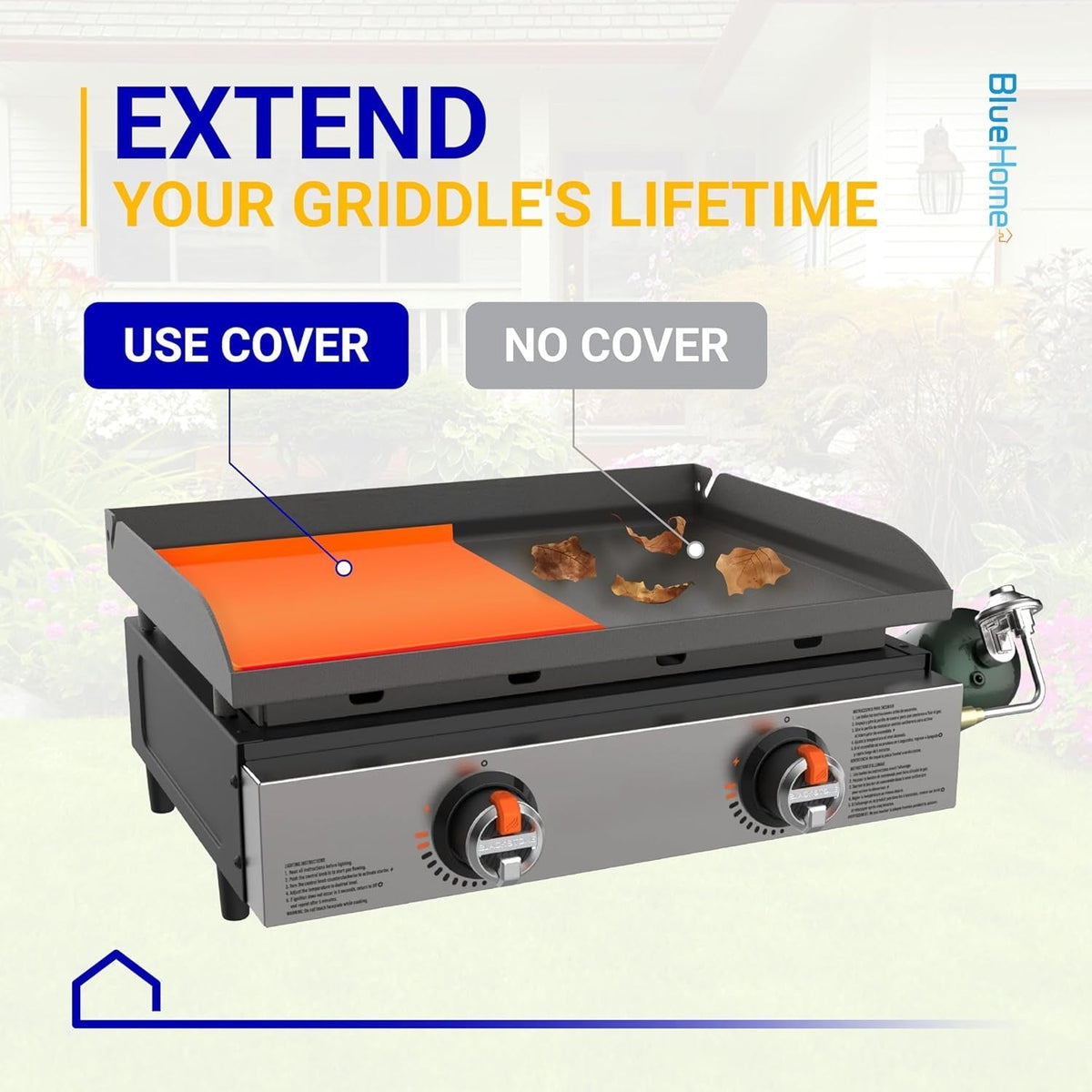 Comparison graphic showing a 28-inch silicone griddle mat protecting a Blackstone griddle surface from debris.