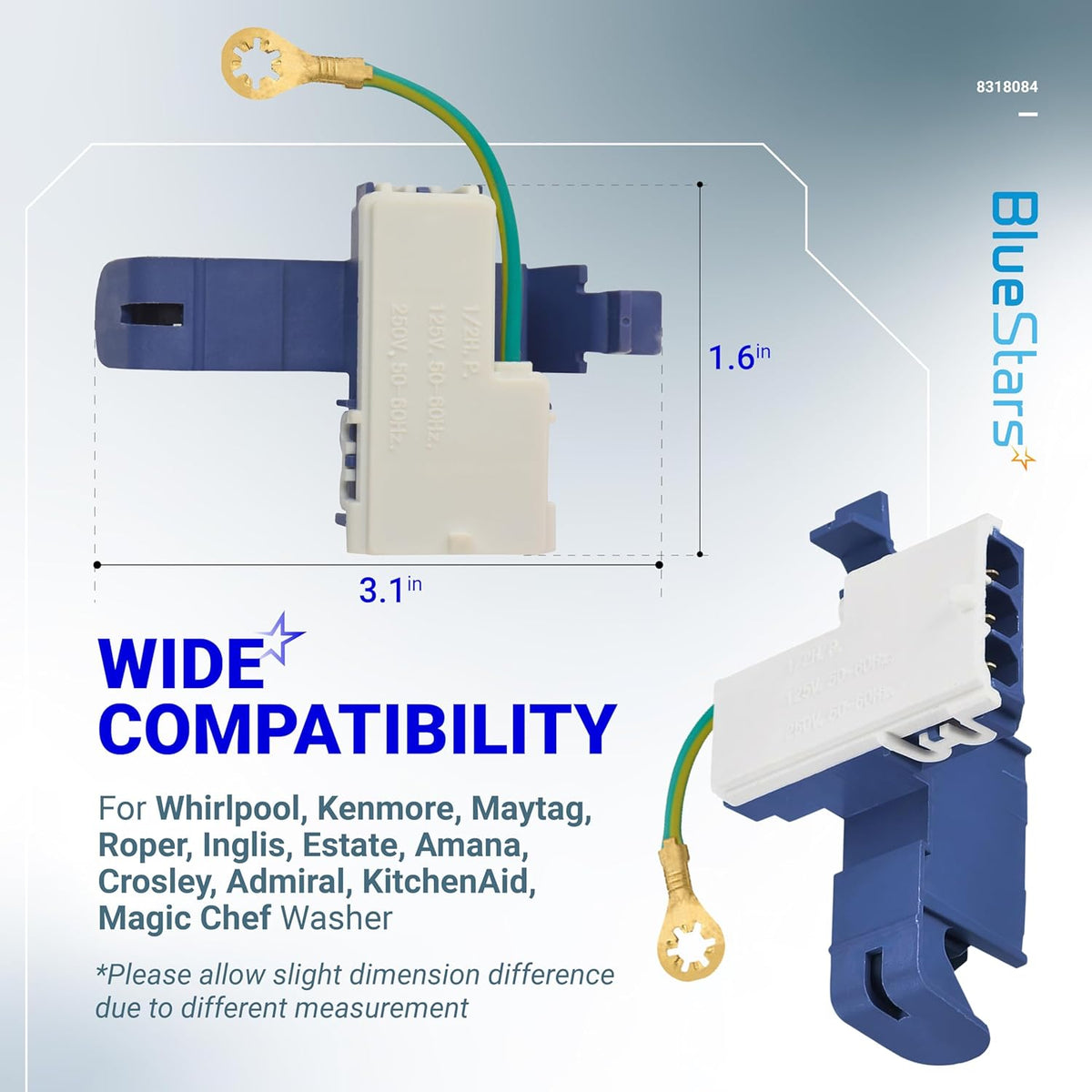 Dimensional diagram of 8318084 washer lid switch showing 3.1-inch by 1.6-inch measurements and compatibility details.