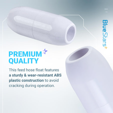 Two white D10 pool cleaner feed hose floats shown in a close-up product feature graphic.