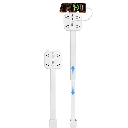 Two adjustable electrical outlet extender sticks with AC outlets and USB charging ports, one shown fully extended.