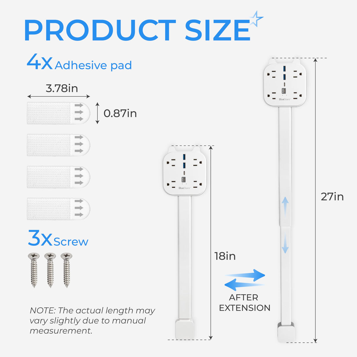Dimension diagram of electrical outlet extender showing 18-27 inch adjustable length, adhesive pads, and mounting screws.