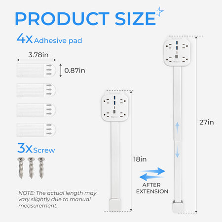 Dimension diagram of electrical outlet extender showing 18-27 inch adjustable length, adhesive pads, and mounting screws.